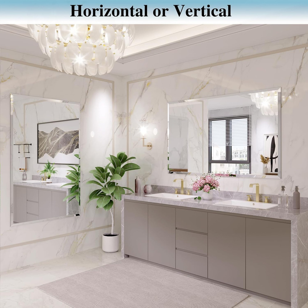 Beveled Frameless Bathroom Mirror 40"x32" - Modern Rectangle Design, Versatile U