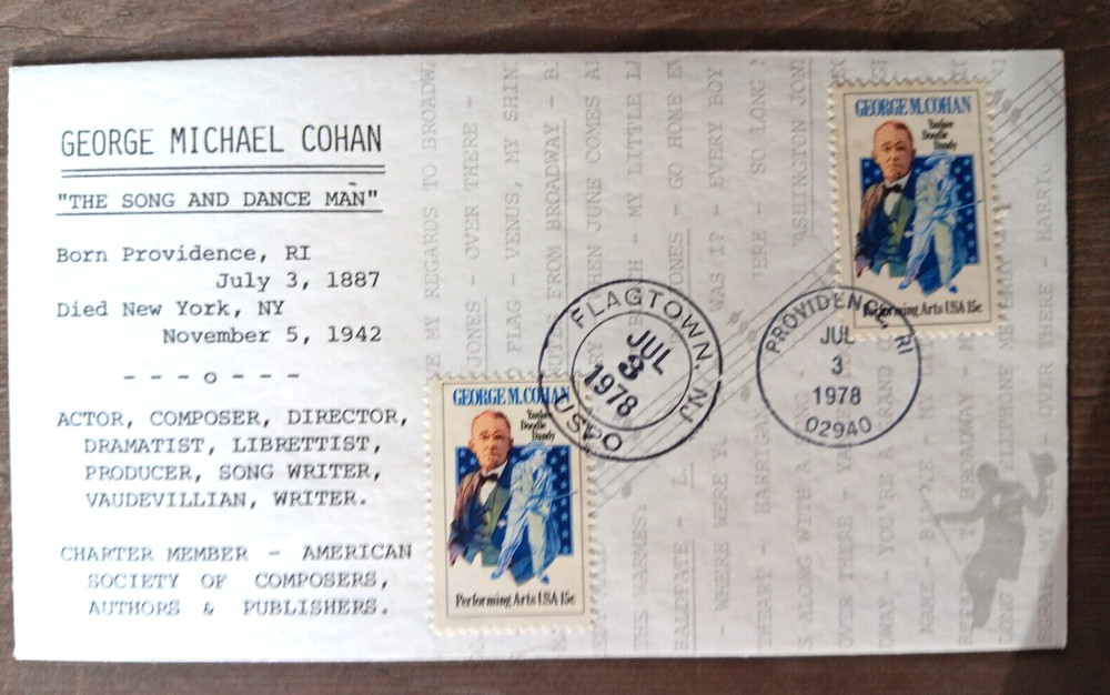 GEORGE M COHAN YANKEE DODDLE DANDY  1978 DUAL CANCEL UNKNOWN CACHET FDC   UNADDR