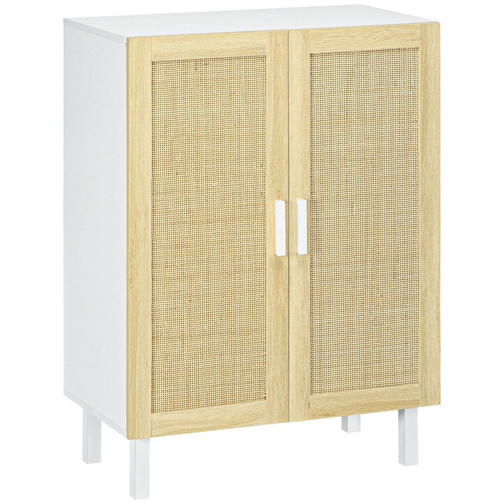 Kitchen Sideboard with 2 Rattan Doors & Adjustable Shelves, White