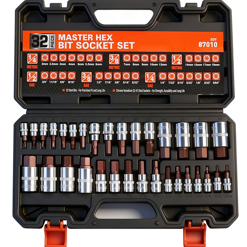 High Torque Master Hex Bit Socket Set, 32-Piece SAE & Metric Allen Socket Set...