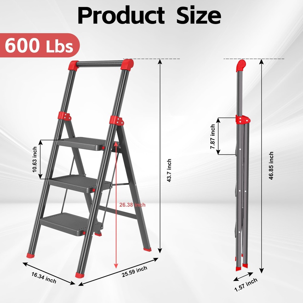 DIAMONDFORGE 3 Step Ladder with Handle, Foldable Stool 3 Step, Black Red