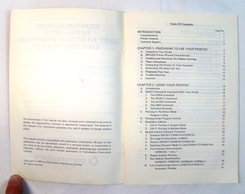 COMMODORE MPS-803 DOT MATRIX PRINTER USER'S GUIDE 1984