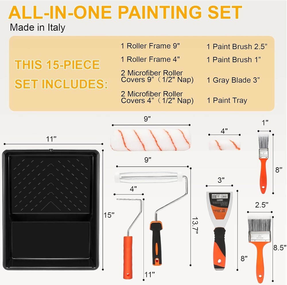 Paint Roller kit, Paint Roller Extension Pole 5ft,Paint Brushes,Paint Rollers 9"