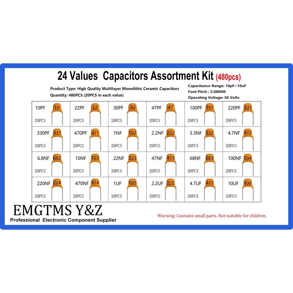 24 Values 480pcs Multilayer Monolithic Ceramic Capacitor Assortment Kit, 10pF...