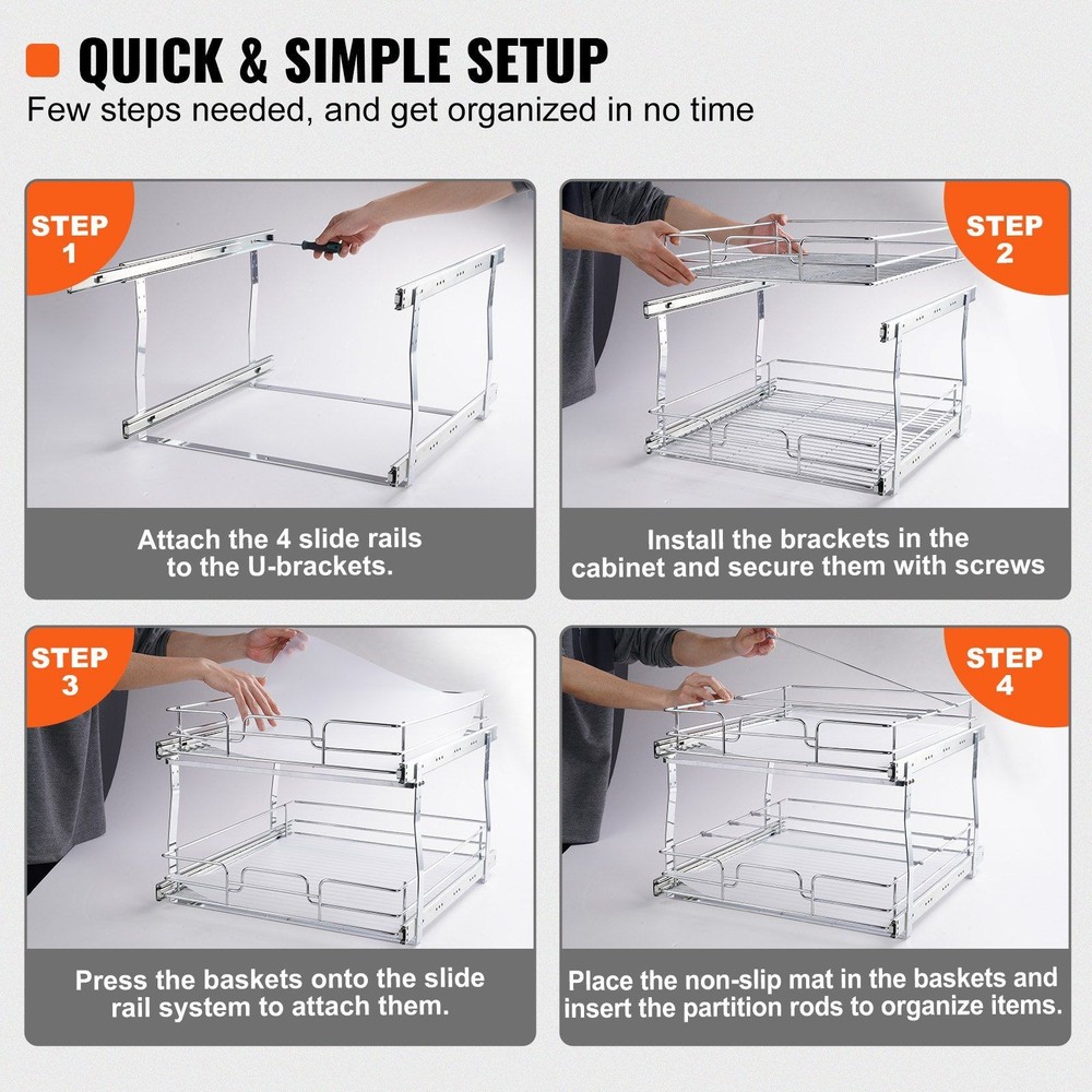 Sliding Organizer for Cabinets 2-Tier 17x21in 66lb Chrome Wire Baskets