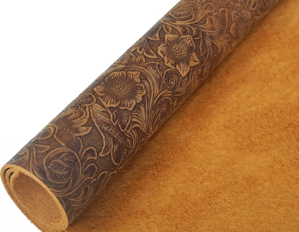 Genuine Leather Sheets Plain Geometric Pattern Printed, Bourbon Brown, 12"x24"