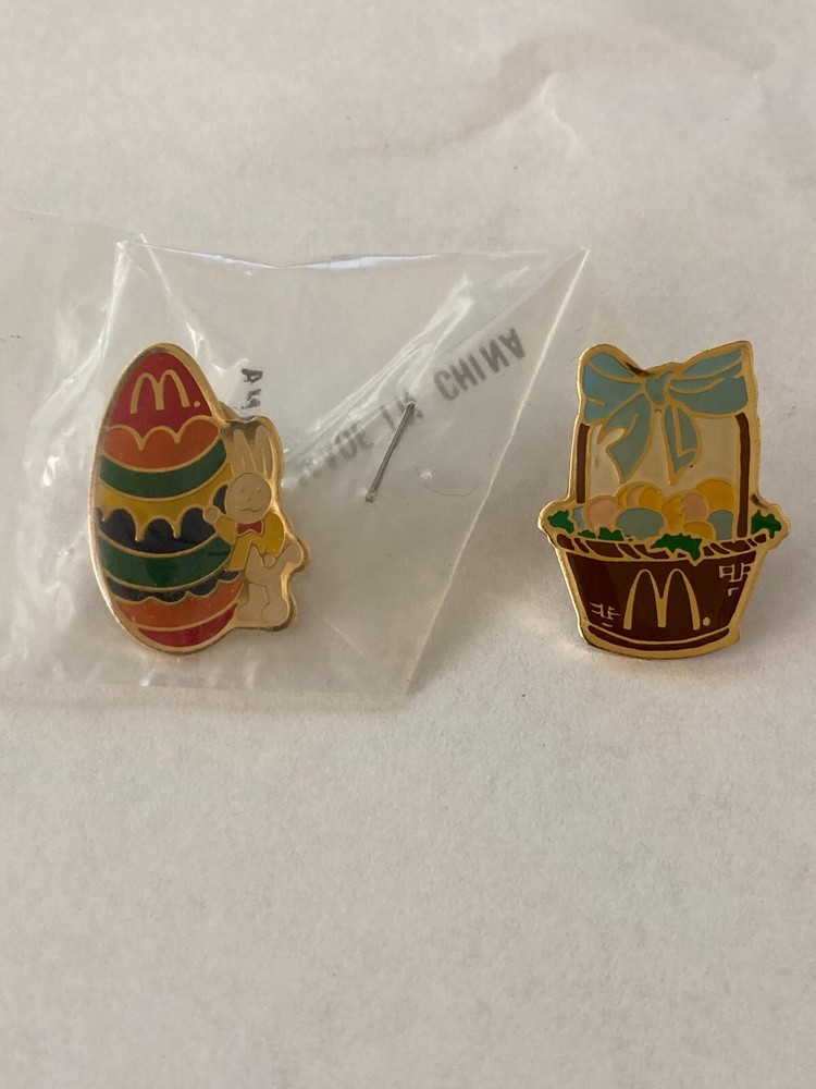 Two McDonalds Easter pins Basket and Bunny with rainbow egg