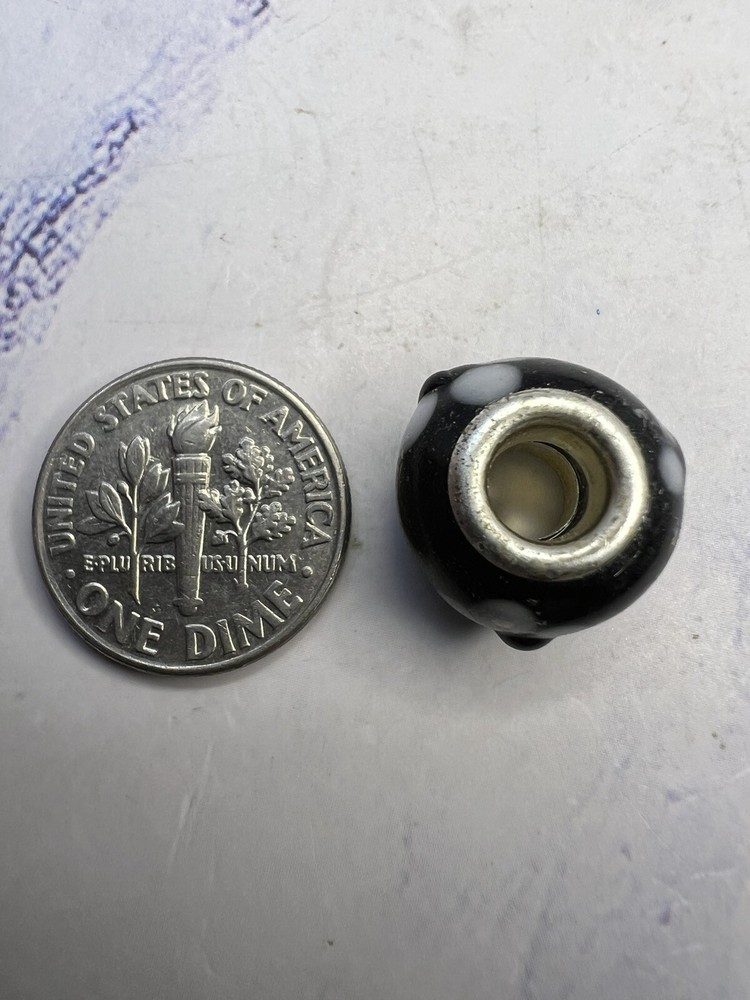 Vintage Black & White Floral Glass Silver Bead Charm