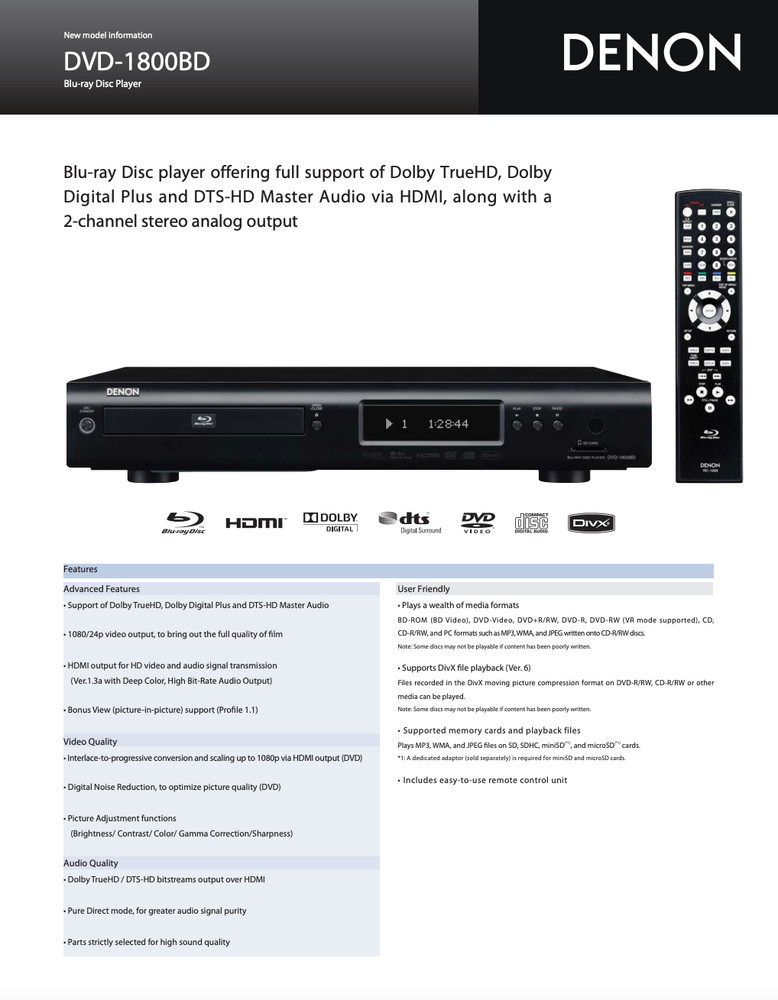 Denon DVD-1800BD CD/DVD/BluRay Player