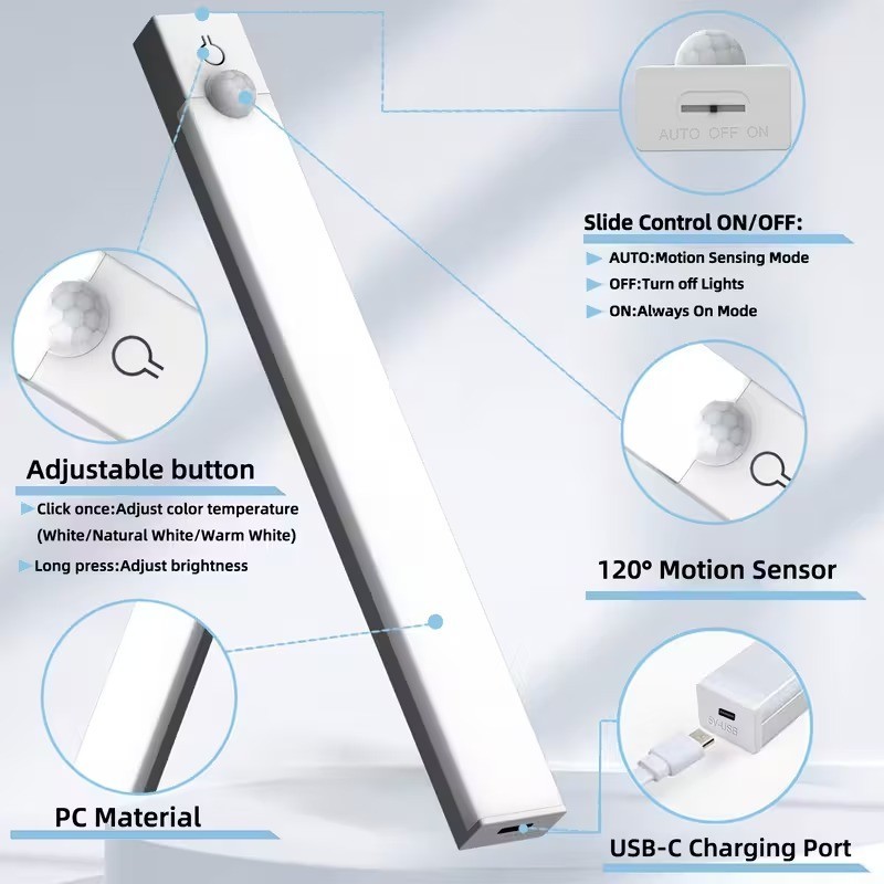 3-Pack LED Under Cabinet Lights, Rechargeable Motion Sensor, 3 Color Dimmable