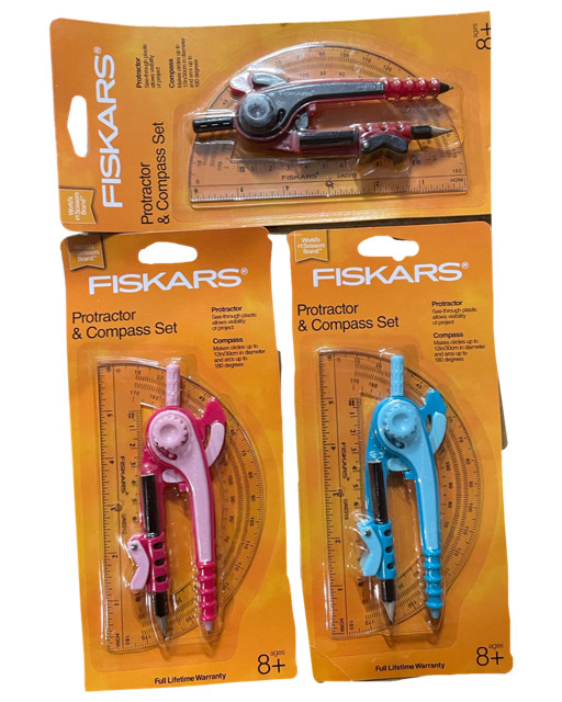 Fiskars Protractor & Compass Set — Geometry Tools for School, Pink/Blue/Red New