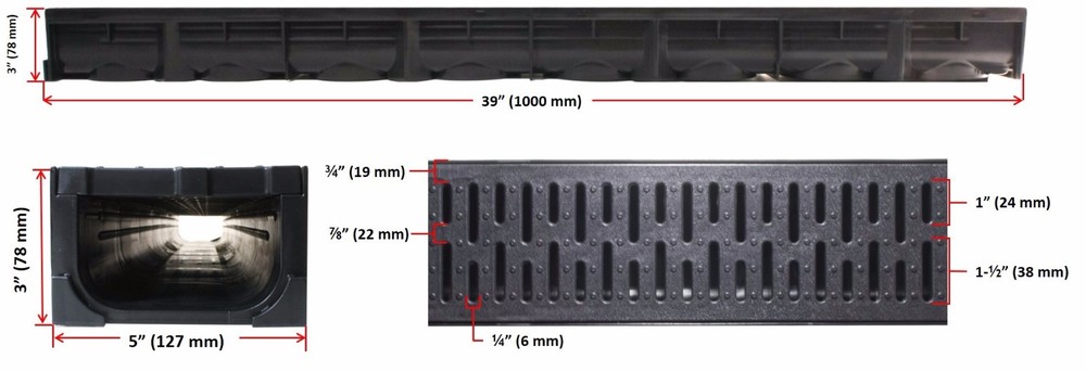 Drainage Trench - Channel Drain With Grate - Black Plastic - 39"