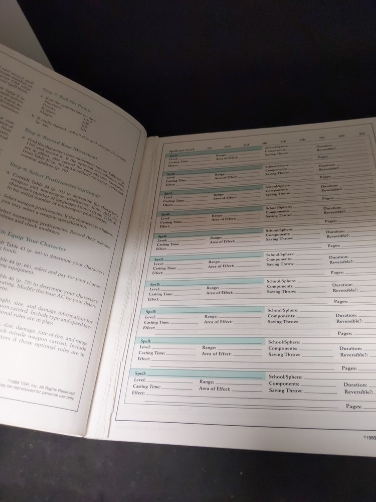 AD&D 2nd Edition REF2 Player Character Record Sheets TSR