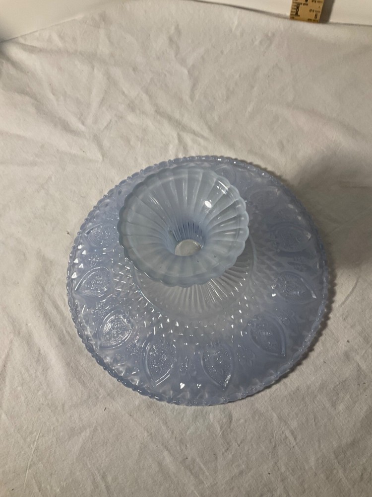 Frosted glass light blue footed cake plate decorative design 8”