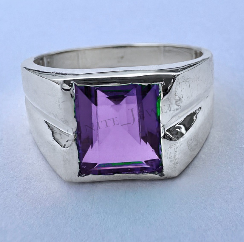 Natural Amethyst Gemstone Emerald Cut Ring Solid 925 Sterling Silver Men's Ring