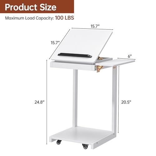 C Shaped End Table, Rolling Side Table with 4-Way C shaped table White