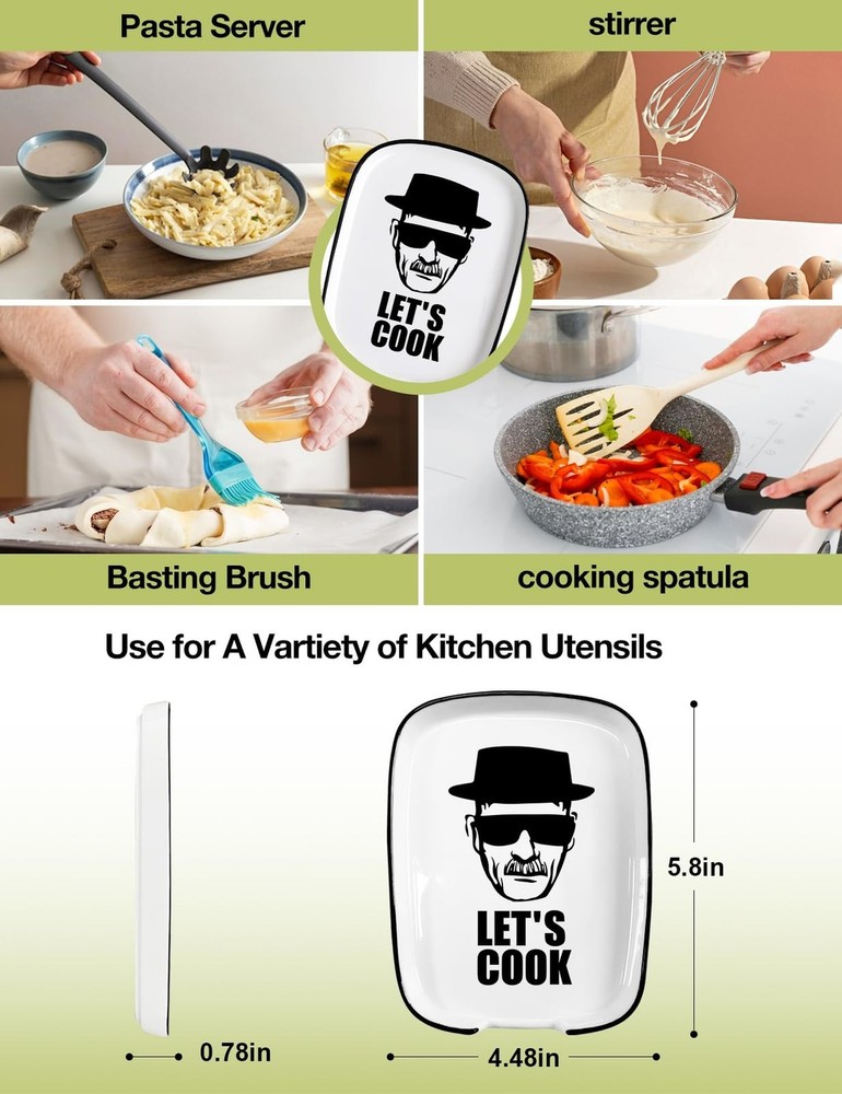 Funny Let's Cook Ceramic Patterned Fork Spoon Rest, White Counter Top Rest, H...