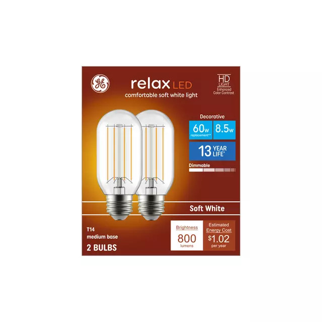 GE Relax 60w LED 8.5w Bulbs T14 Medium Base Soft White Dimmable 2-Pack