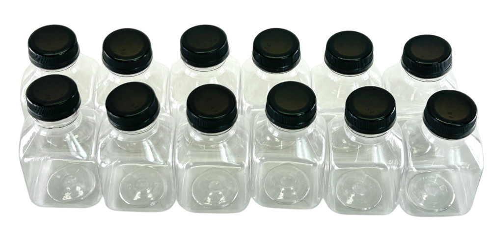 8 oz Empty Plastic Juice Bottles with Lids, 12 Pack, Clear/Black