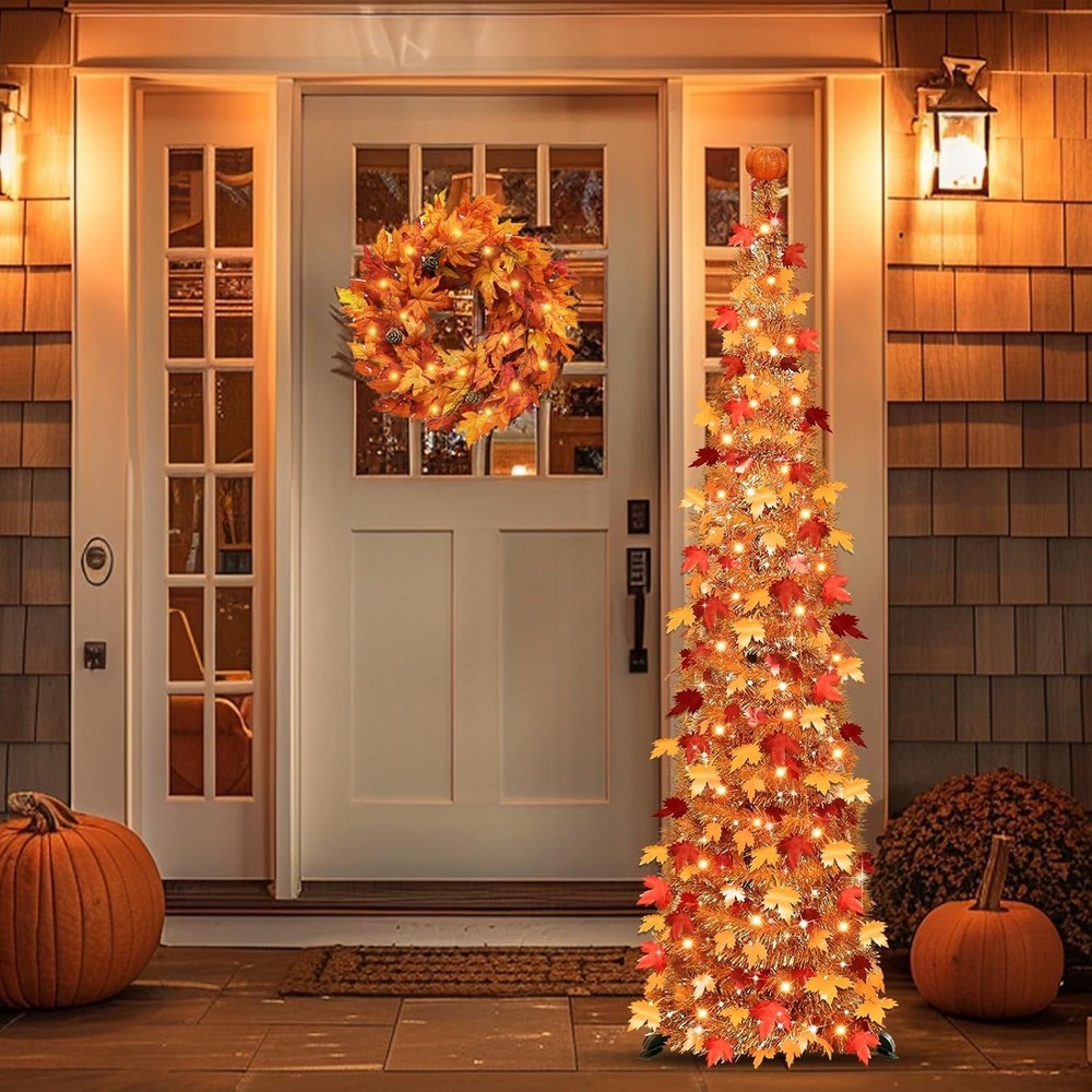 Timer & Pumpkin - 5 Ft Lighted Fall Tree Fall Decor, Fall Pop Up Tinsel Maples