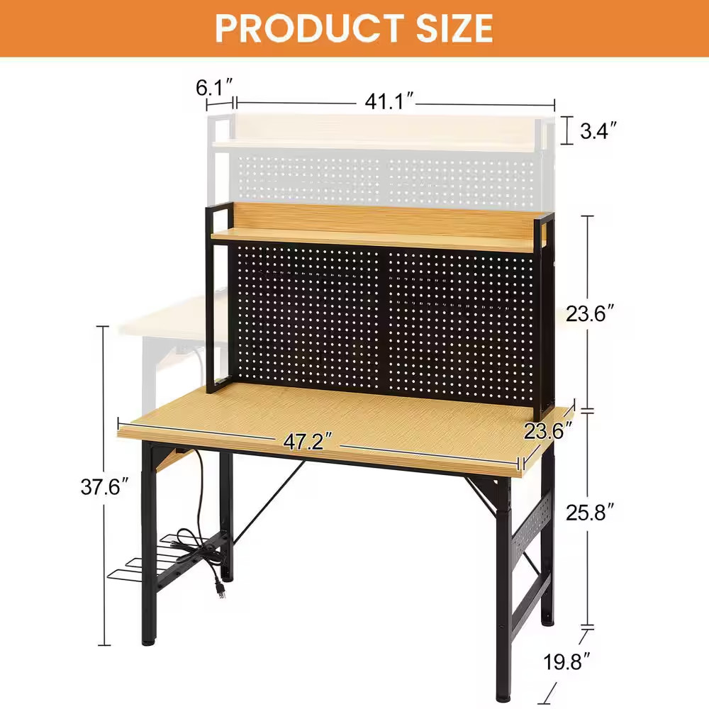 48 In. Adjustable Workbench with Pegboard, Heavy Duty Wooden Desktop Workbench w
