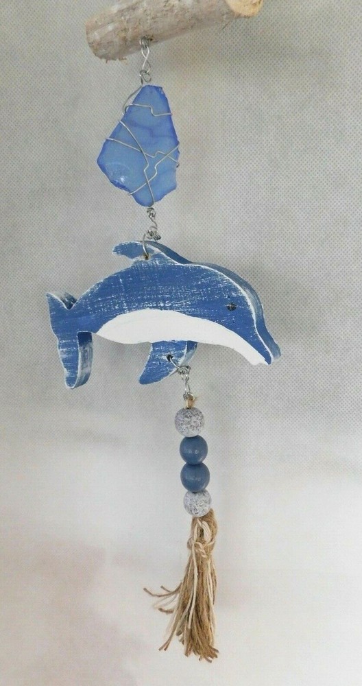 Dolphin Wind Chime Suncatcher Coastal Beach Seashells Seaglass 33" Long Decor