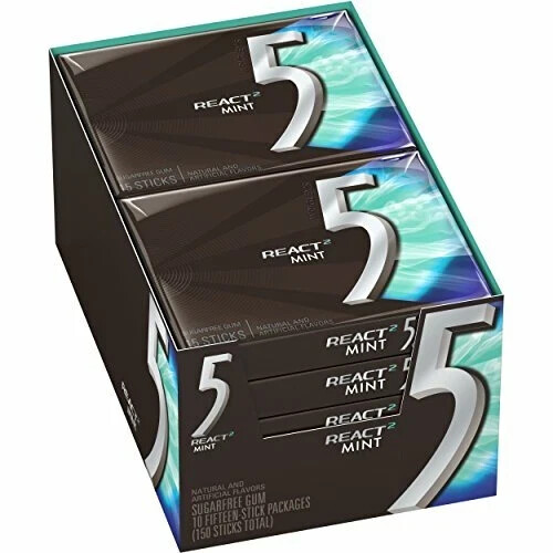5 GUM React Mint Sugar Free Chewing Gum, 15 pieces (10 pack)
