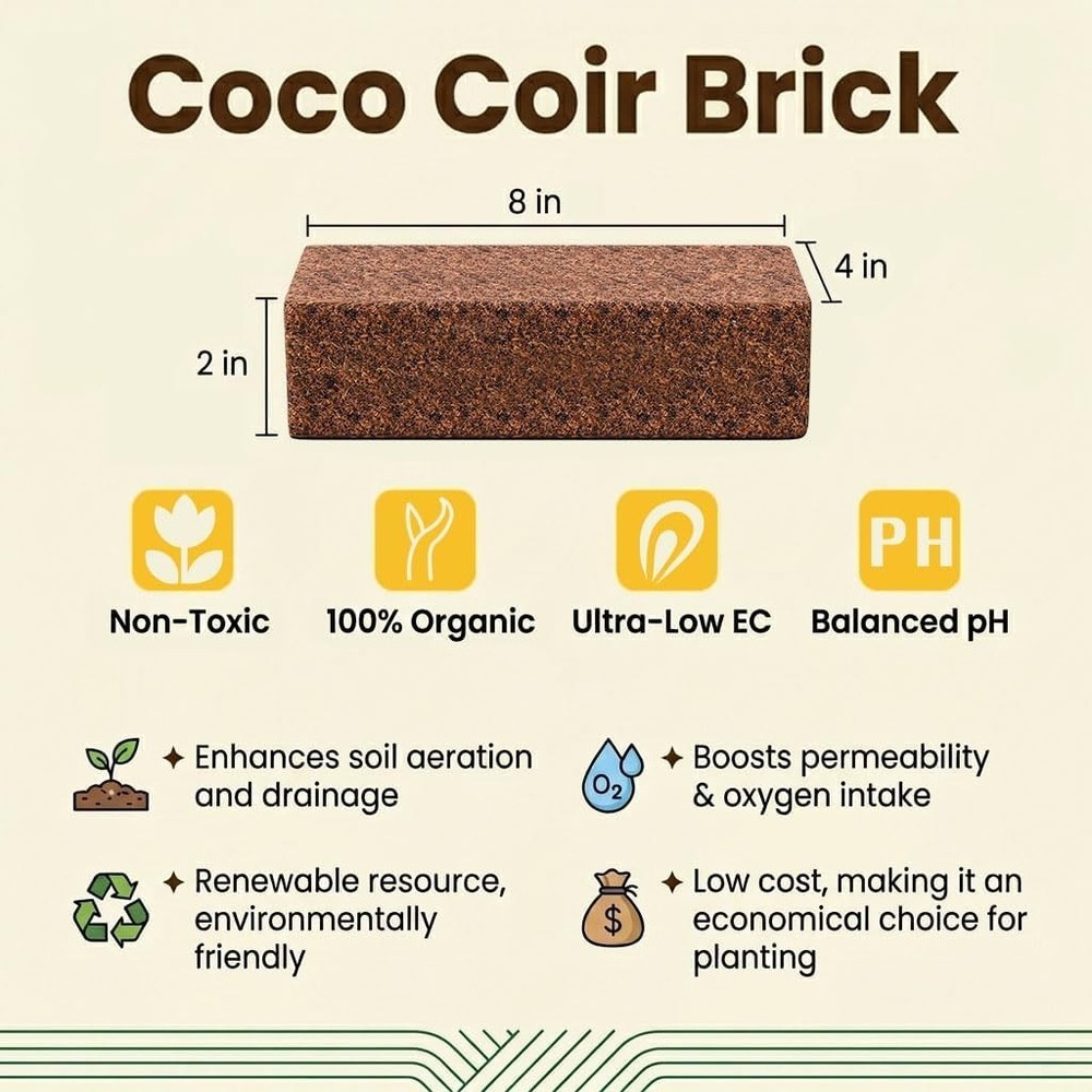 Coco Coir Brick 1Pc Compressed Coconut Fiber Soil Low EC pH Balanced Seed Starte