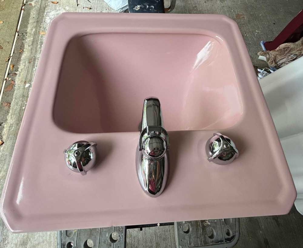 1954 Crane Pink Bathroom Sink - Drop-In - Atomic Chrome Knobs - Square Corners!