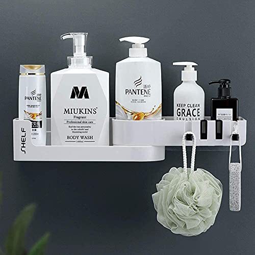 Adhesive Shower Caddy with Hooks Expandable Bathroom Storage Shelf