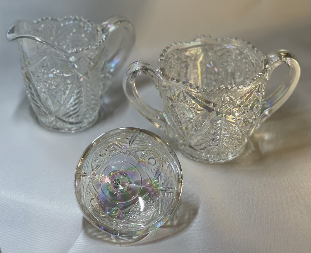 Valtec Pattern Sugar And Creamer Iridescent Clear Glass Lusterware L.E. Smith