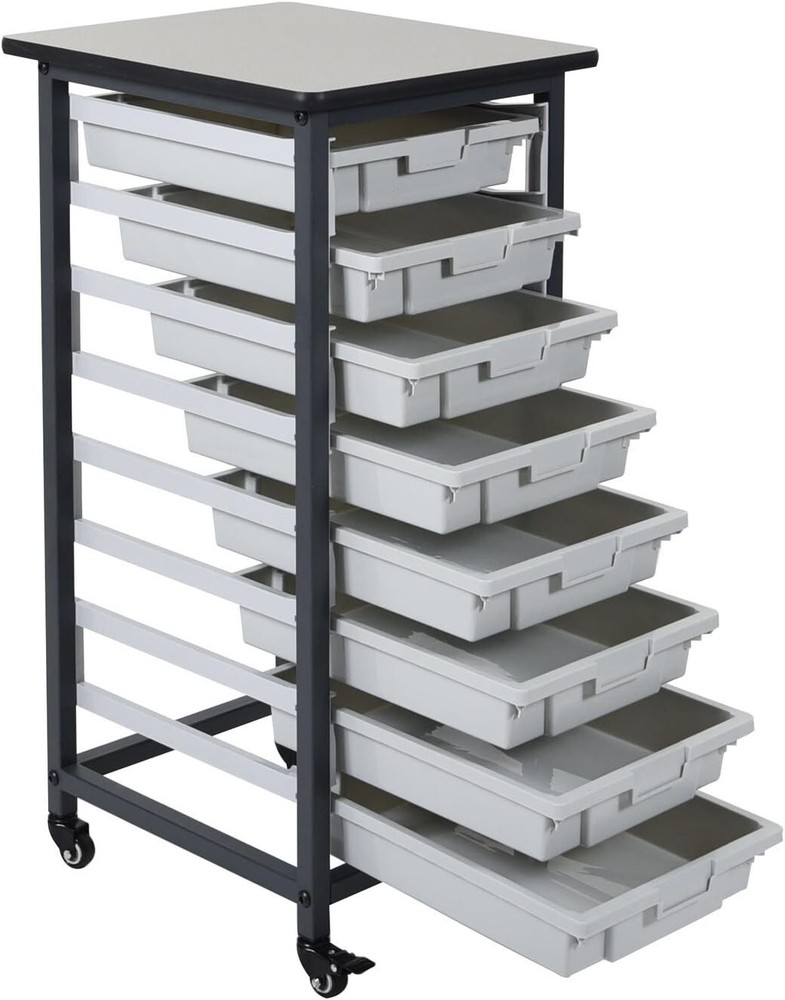 LUXOR MBS-SR-8S Mobile Bin Storage Unit - Single Row with Small Gray Bins