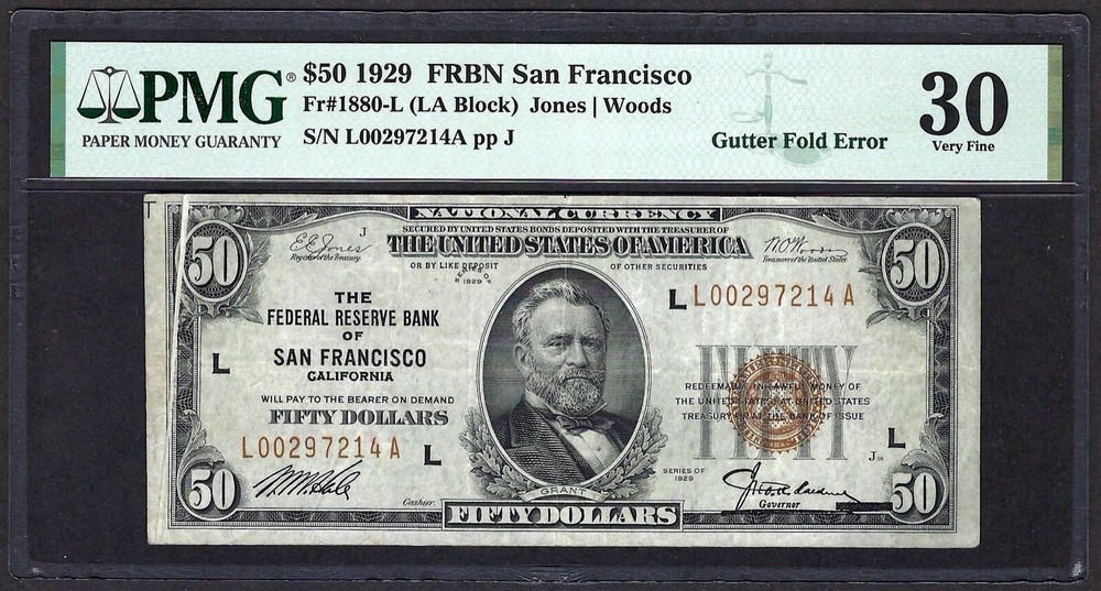 ERROR 1929 $50 "SAN FRANCISCO" FRBN ♚♚GUTTER FOLD ERROR♚♚ PMG VF 30. RARE!!!