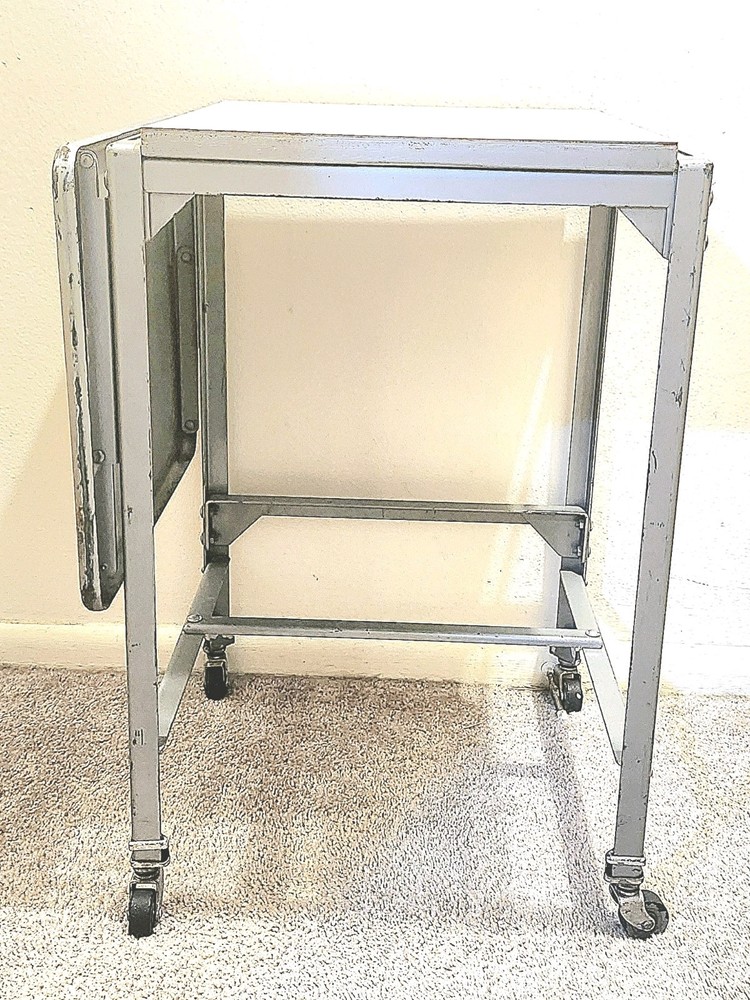 Mid Century Metal Rolling Typewriter Desk With Drop-leaf Fold Down Side