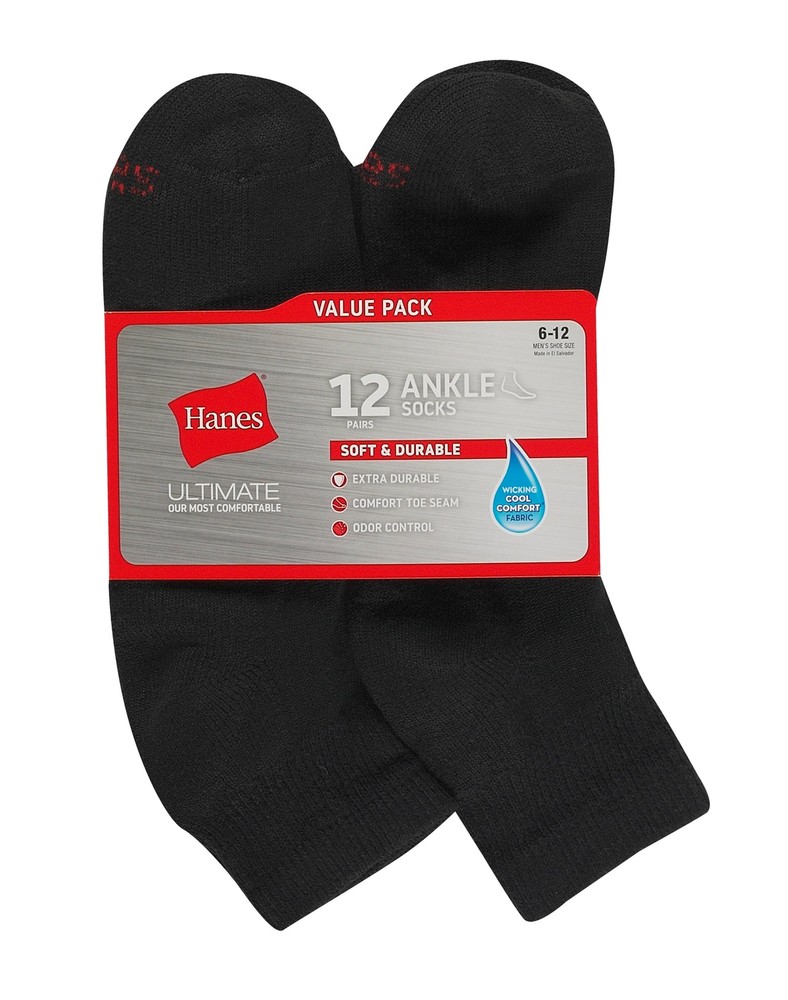 Hanes Ankle Socks 12-Pack Men's Ultimate Wicking Cool Comfort Oder Control 6-12