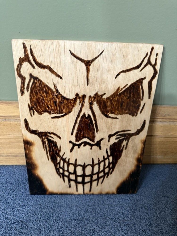 Handmade Pyrography Full Face Skull 8x10” Wall Hanging