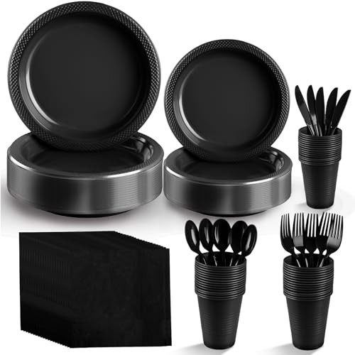 Plastic Plates,Disposable Plates Set,Disposable Plastic Dinnerware Serve Black