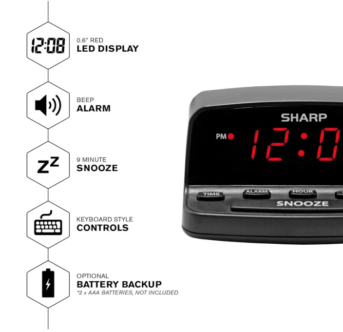 SHARP Digital Alarm Clock with Red LED & Battery Backup, Easy to Use