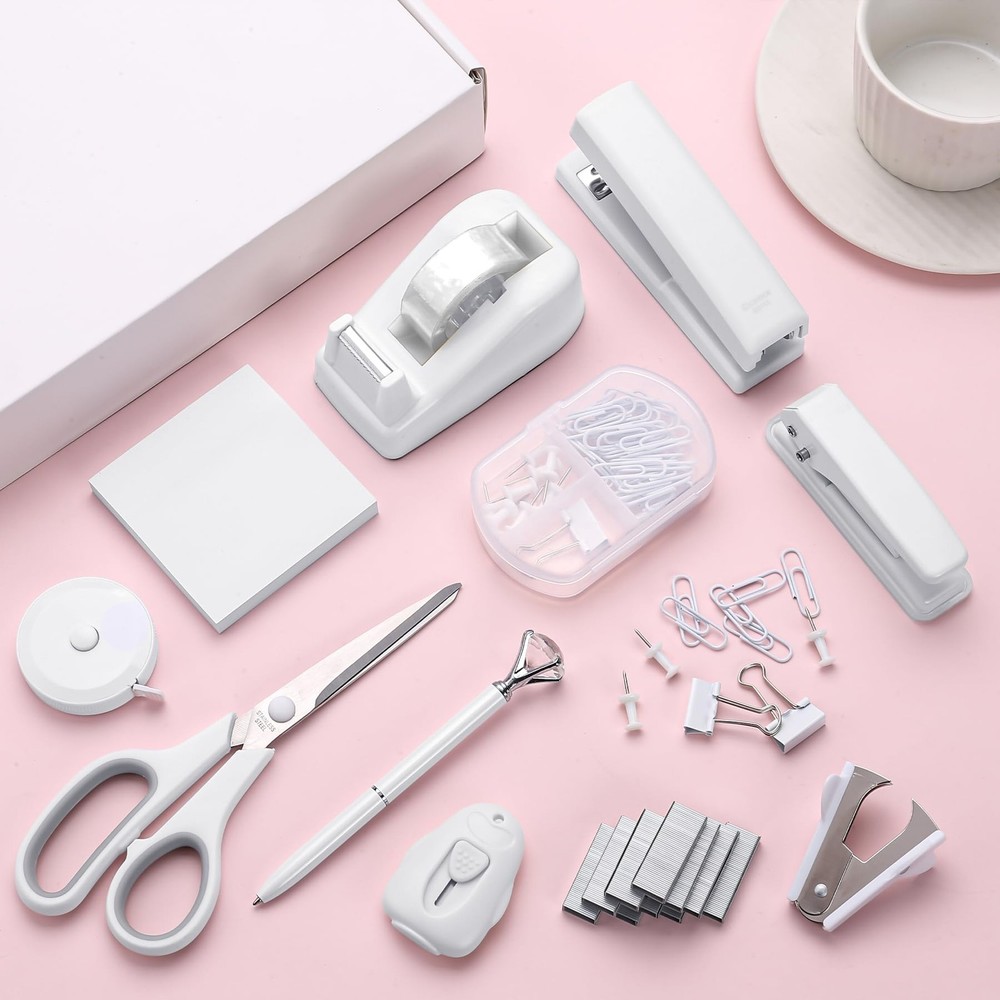 White Desk Accessory Kit Cute Office Supplies Set Desktop Stapler Set Include...