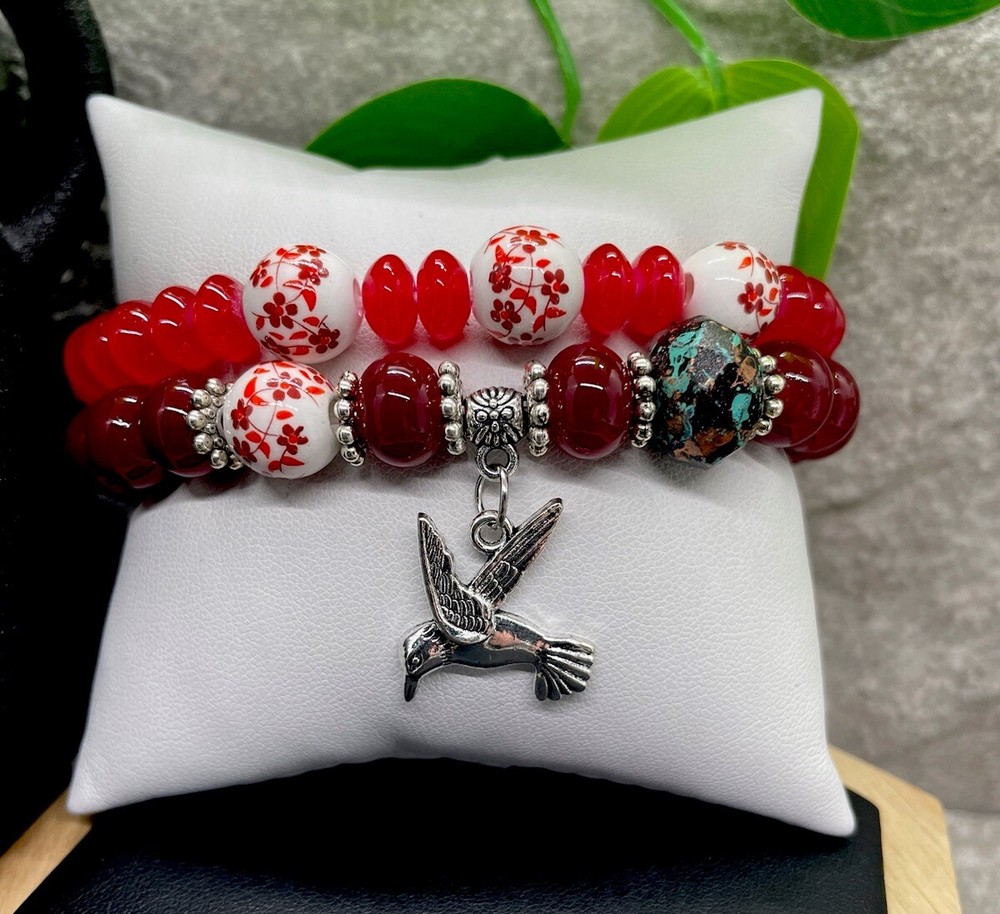 2 PC Handmade Boho  Beaded Stackable 7” Plus Stretch Bracelet Set New B1364