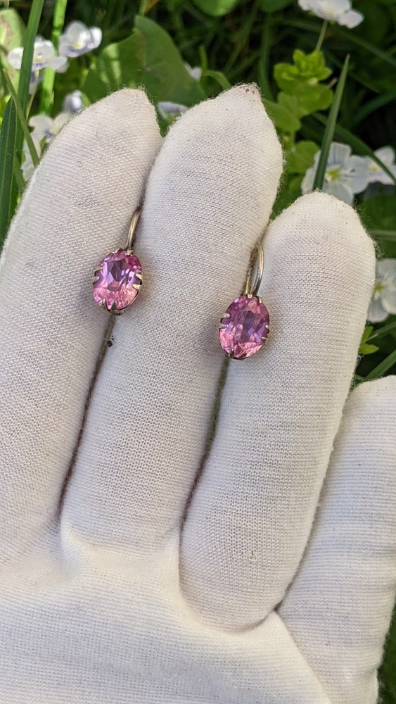 Vintage Soviet 875 Silver Earrings with Pink Ruby Tone Stones