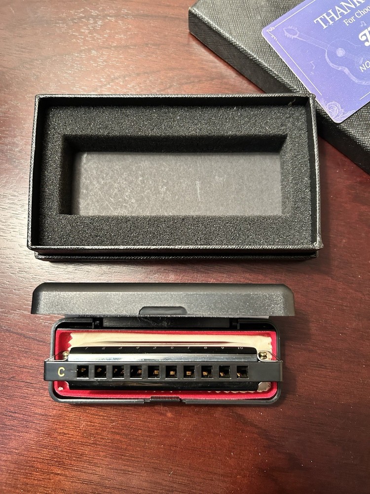 JDR 10 Hole Harmonica With Case, Cleaning Cloth, And Box