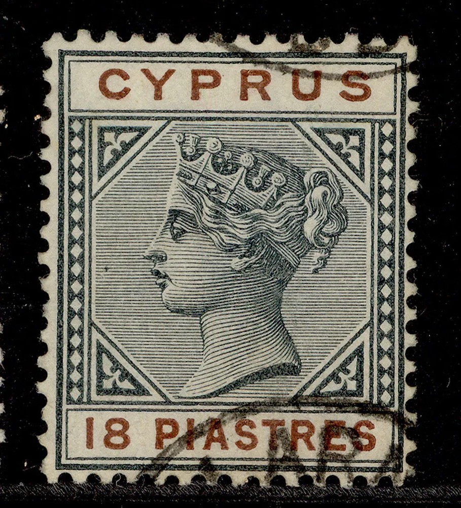 CYPRUS QV SG48, 18pi greyish slate & brown, USED. Cat £75.