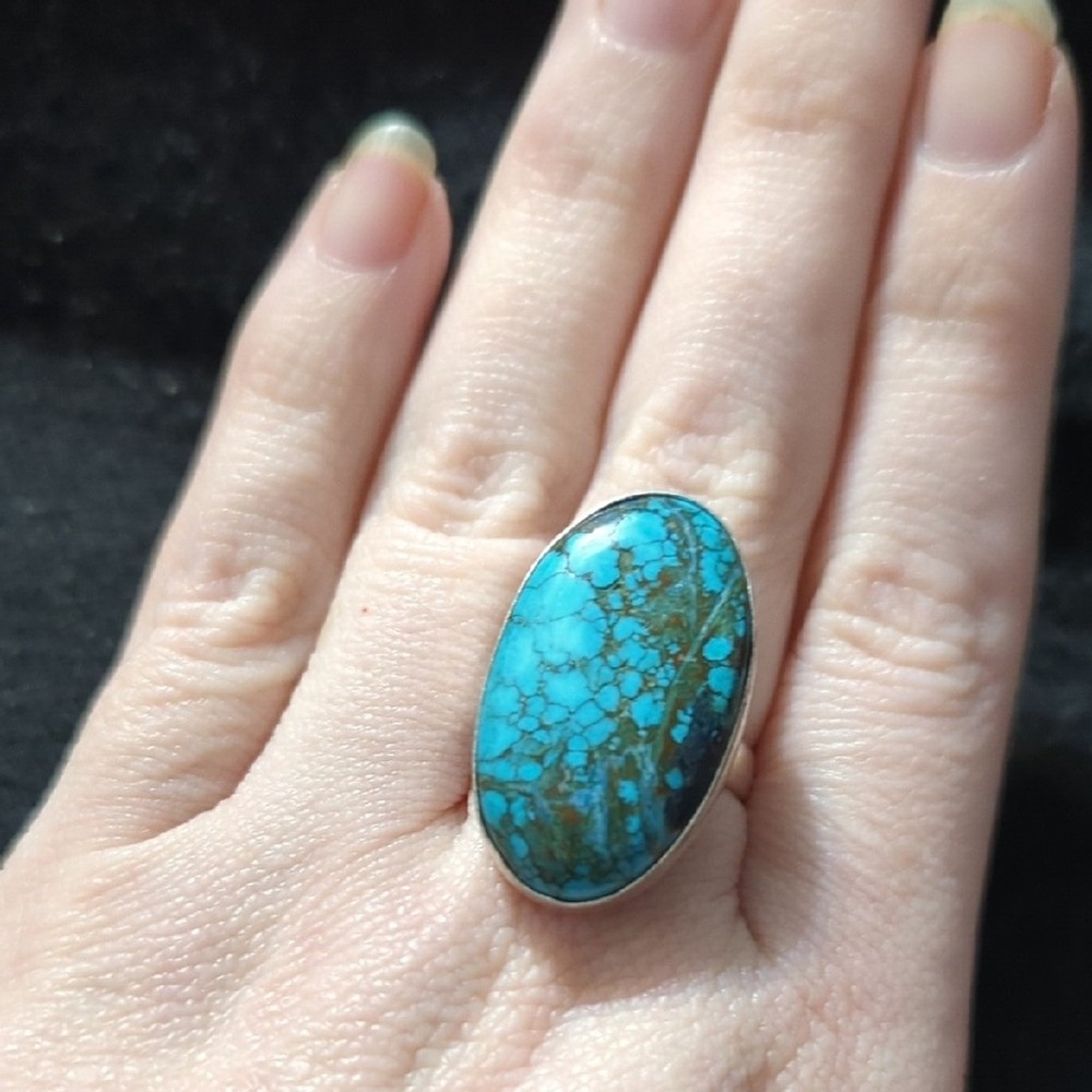 Silver Plated Blue Chocolate Turquoise Gemstone Oval Statement Ring - Size 8-10