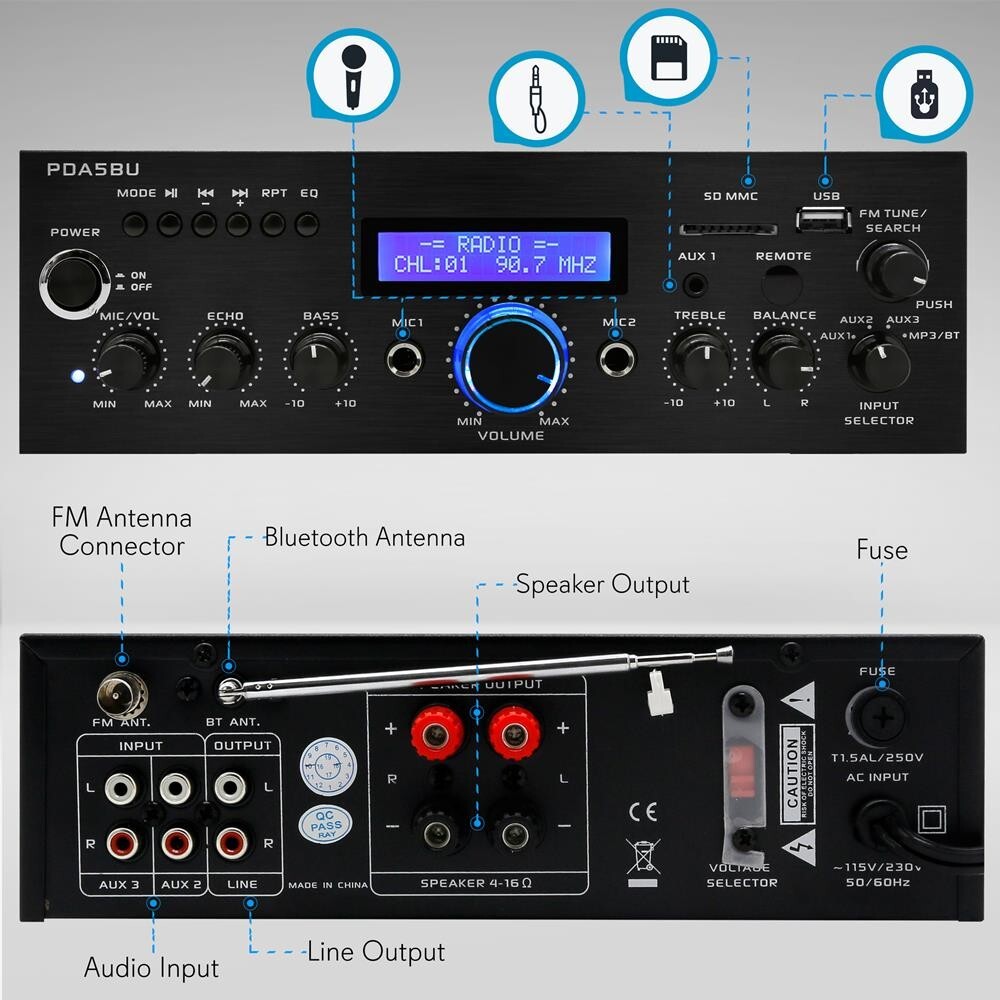 Pyle Compact Bluetooth Stereo Amplifier-Home Desktop Stereo Receiver System