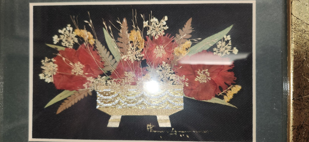 Vintage pressed flower art work framed & signed