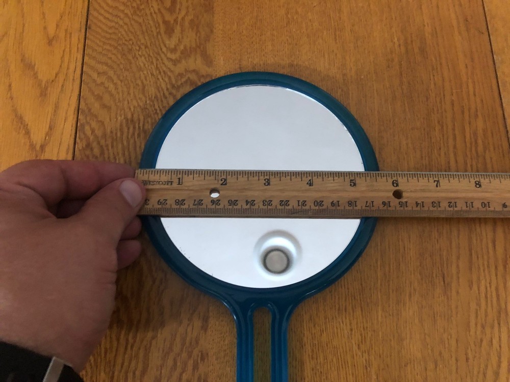 VINTAGE BLUE HANDLE DOUBLE SIDED CIRCULAR PLASTIC MIRROR