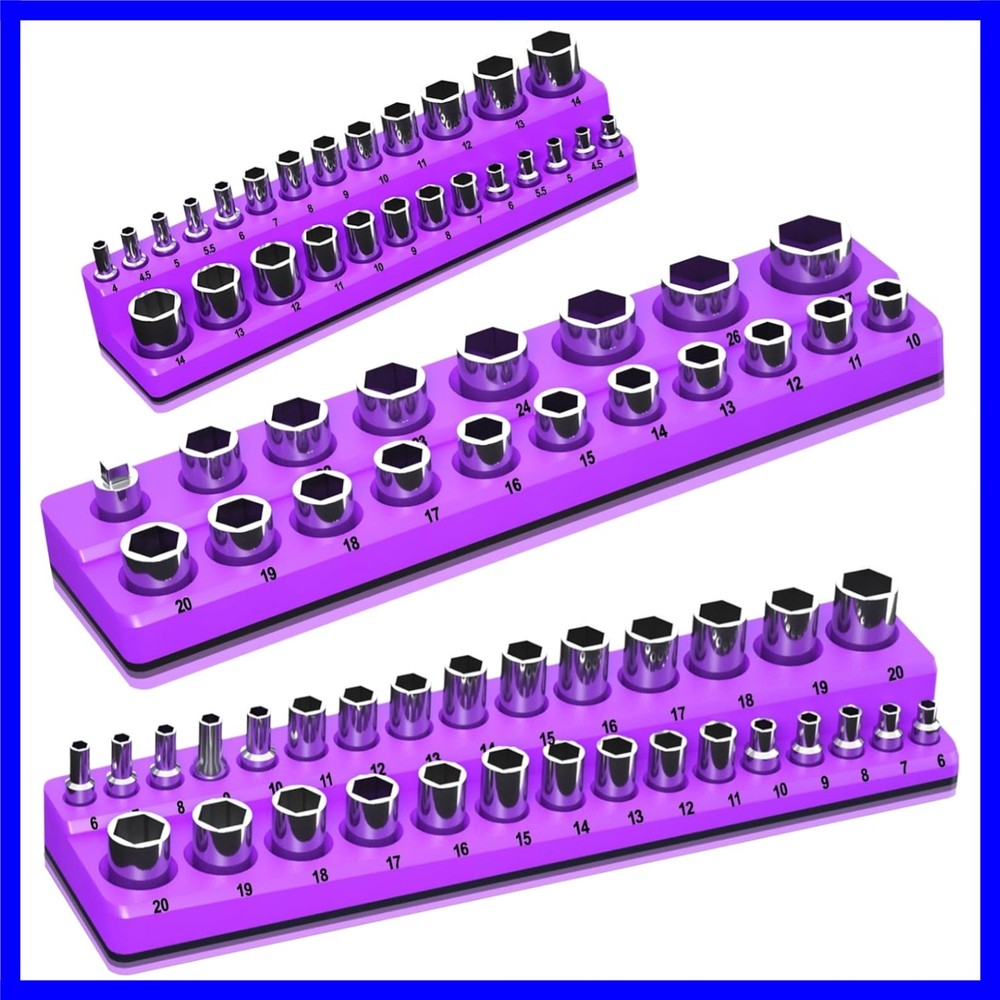 Magnetic Socket Organizer Set, 3-Piece Socket Holder Trays for 1/4" 3/8" 1/2"...