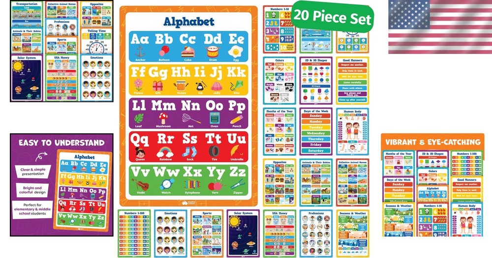 Educational Wall Art Pack: 20 Waterproof Posters - Engaging Learning Tools
