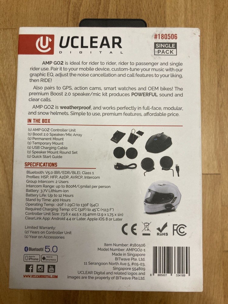 UClear HBC100 Plus Boomless Bluetooth Powersports Helmet Communicator